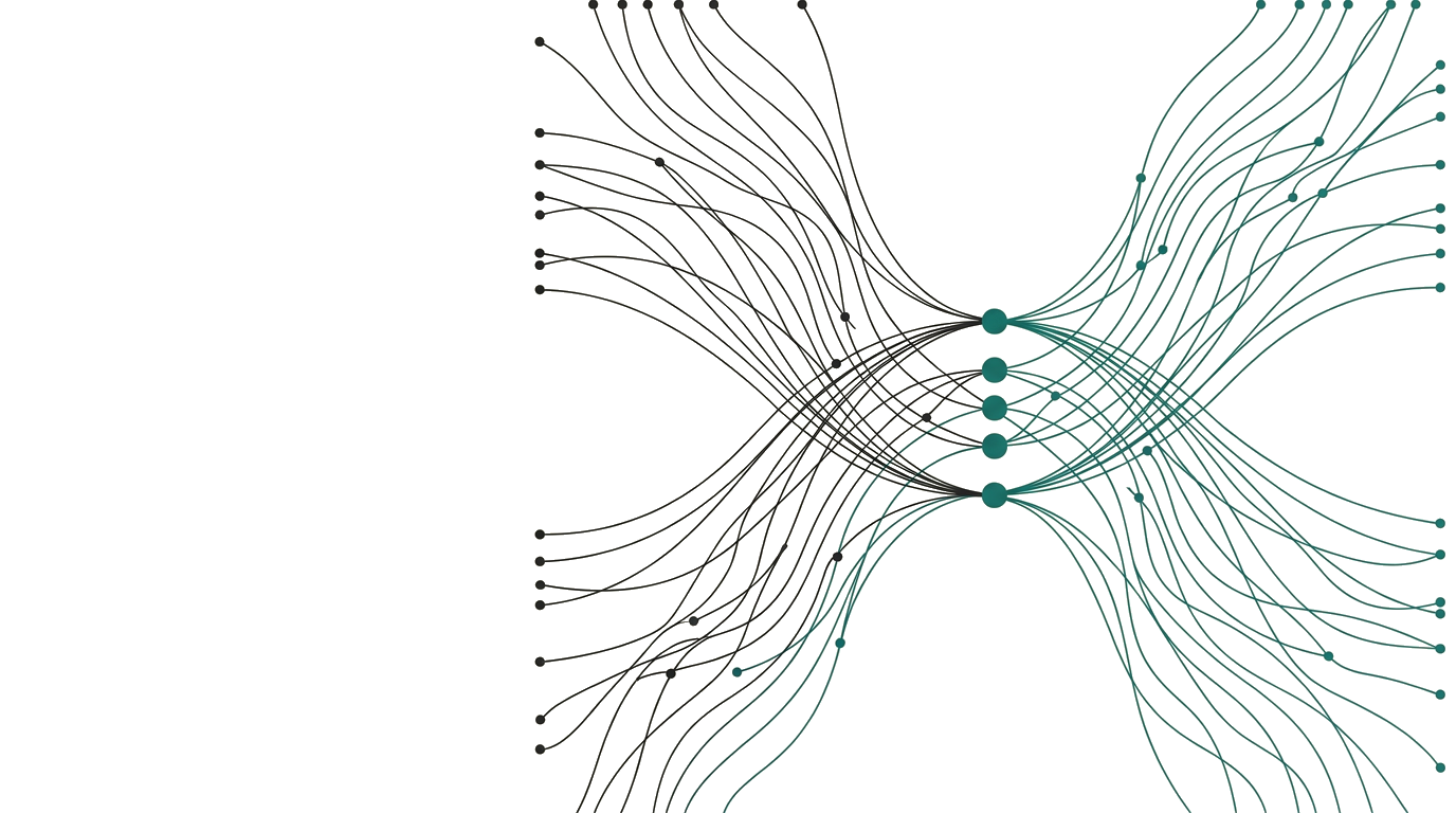 Fragmented charcoal and teal network strands converging into one connected line of nodes